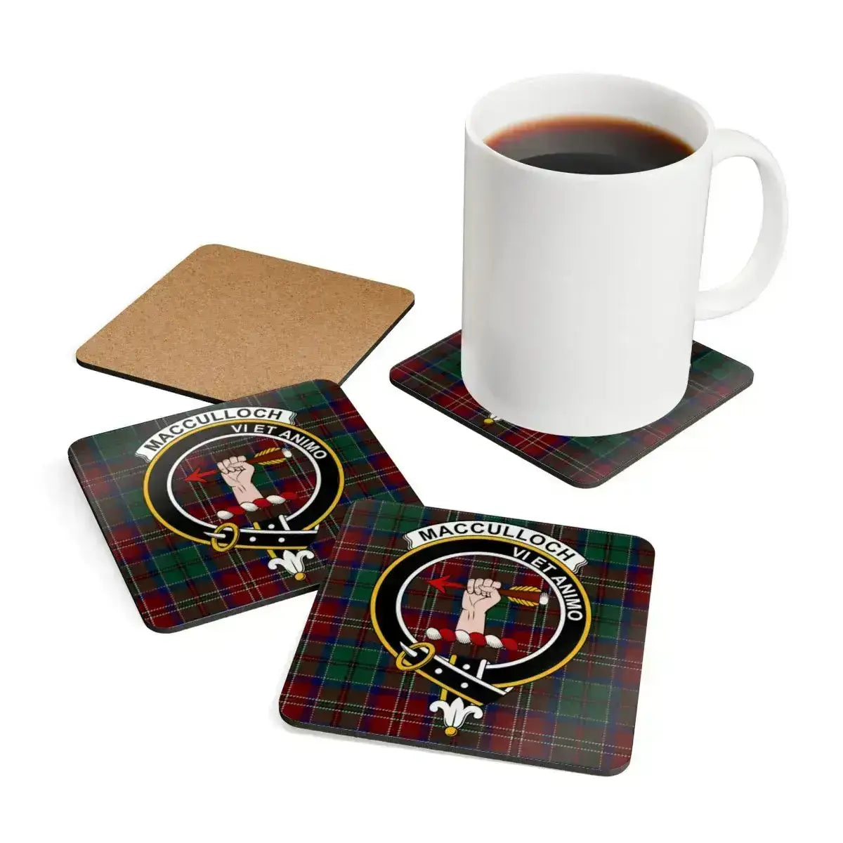 MacCulloch Vi Et Animo coaster set stacked — showing cork base and crest design detail