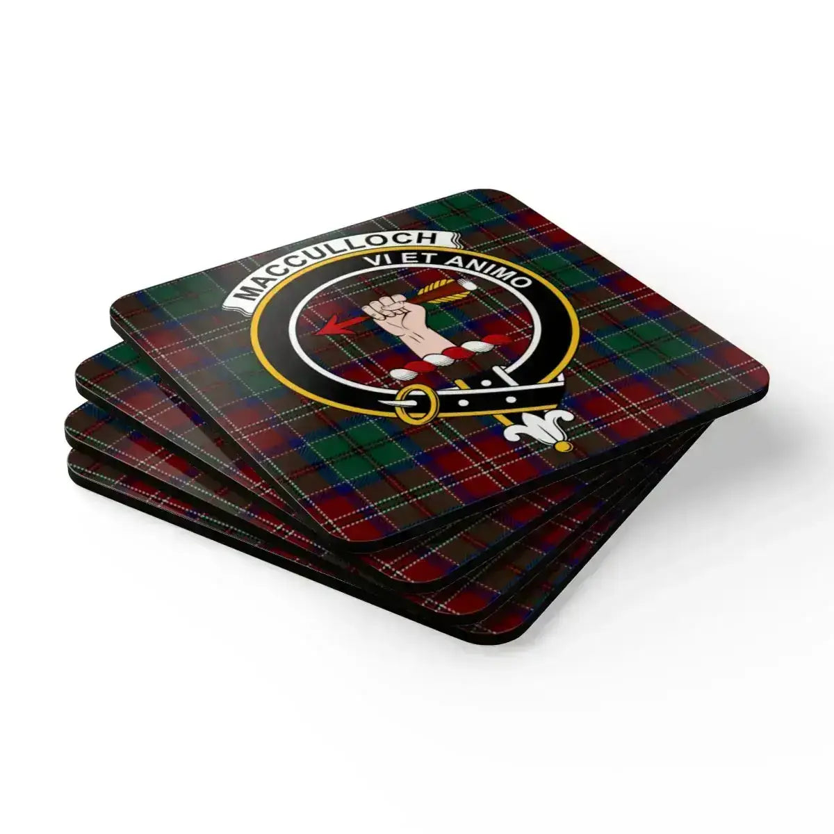 MacCulloch clan crest coaster in use under glass — 3.75 inch square cork tartan coaster