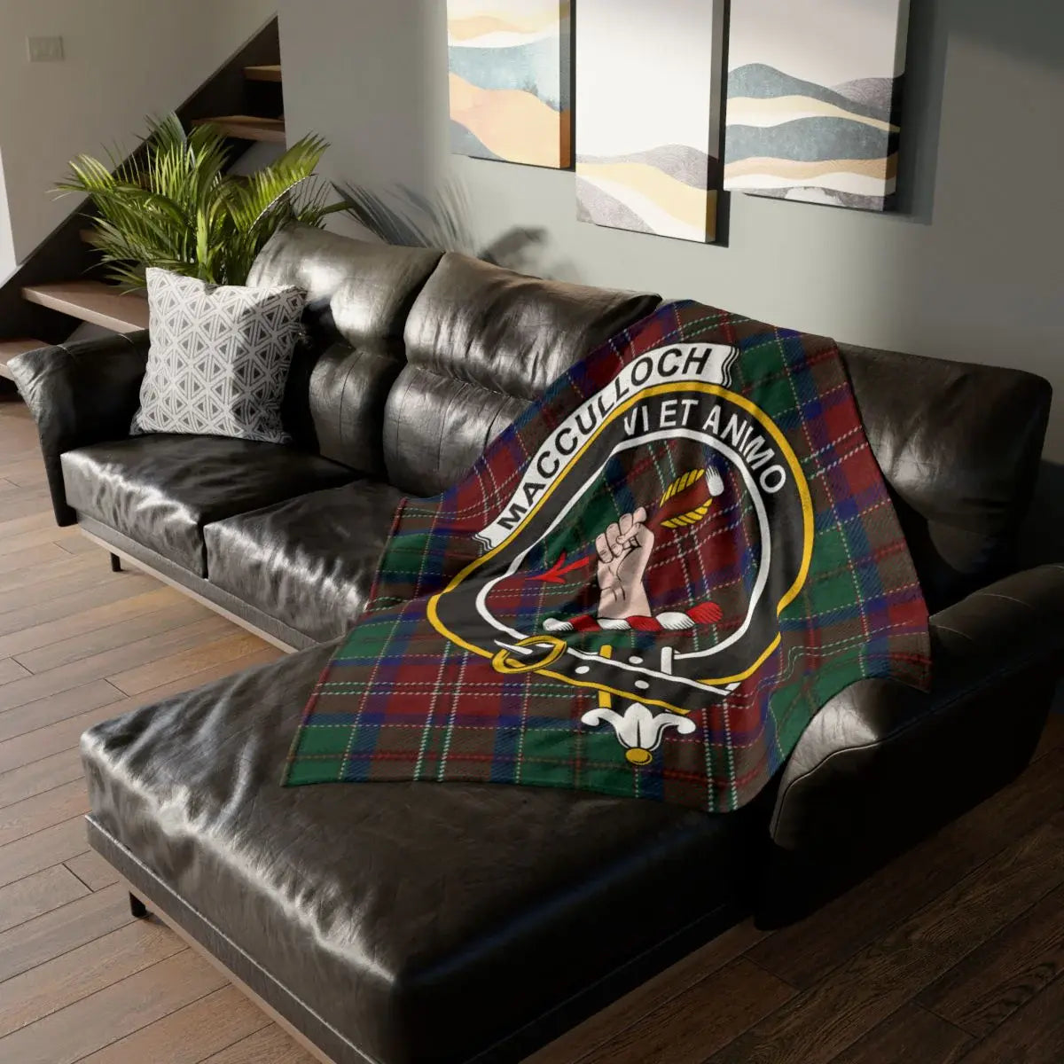 MacCulloch clan crest tartan throw blanket — Vi Et Animo printed 50x60 polyester throw