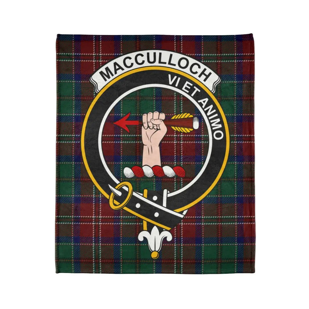 MacCulloch clan crest tartan throw blanket laid flat — full crest design and tartan detail