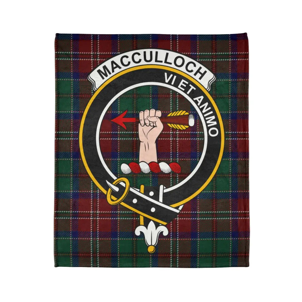 MacCulloch clan crest tartan throw blanket laid flat — full crest design and tartan detail