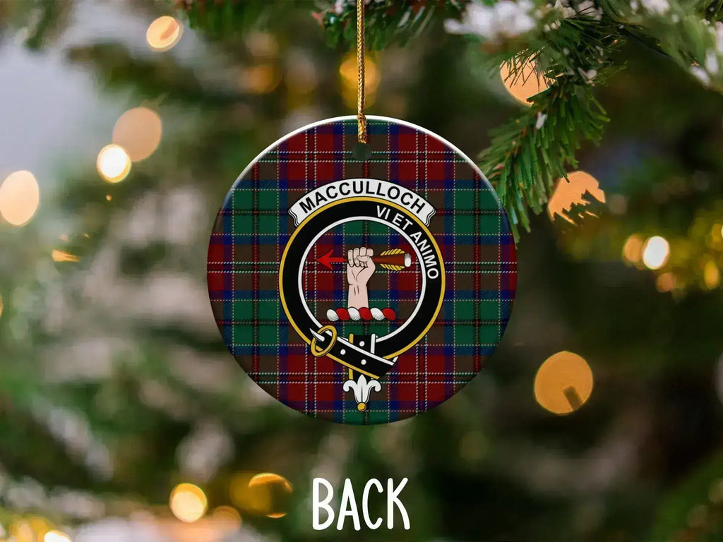 MacCulloch tartan crest ornament reverse side — gold hanging string and UV printed design