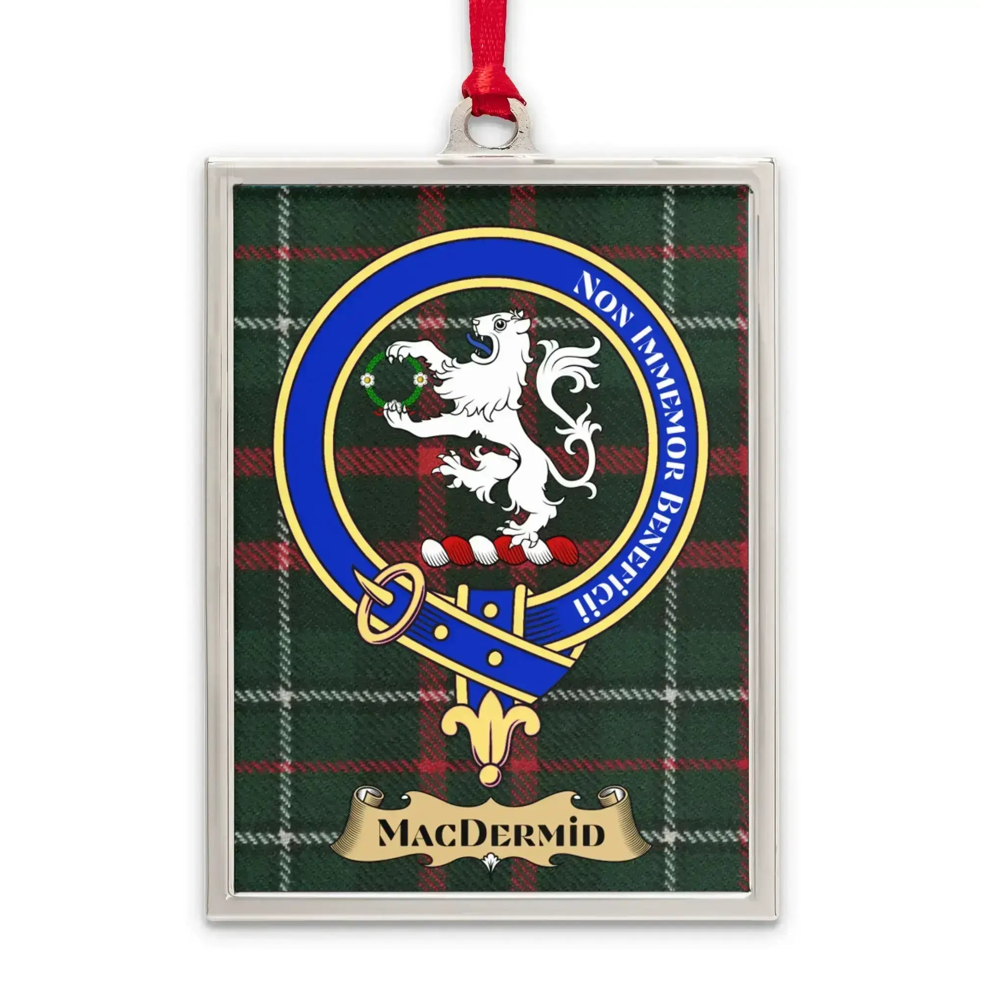 MacDermid tartan-background crest ornament shown as a Scottish heritage keepsake gift