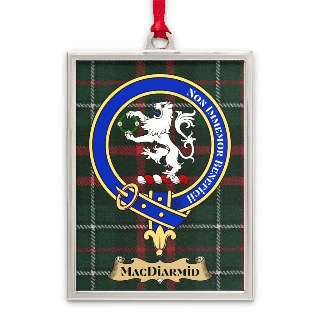 MacDiarmid tartan-background crest ornament shown as a Scottish heritage keepsake gift