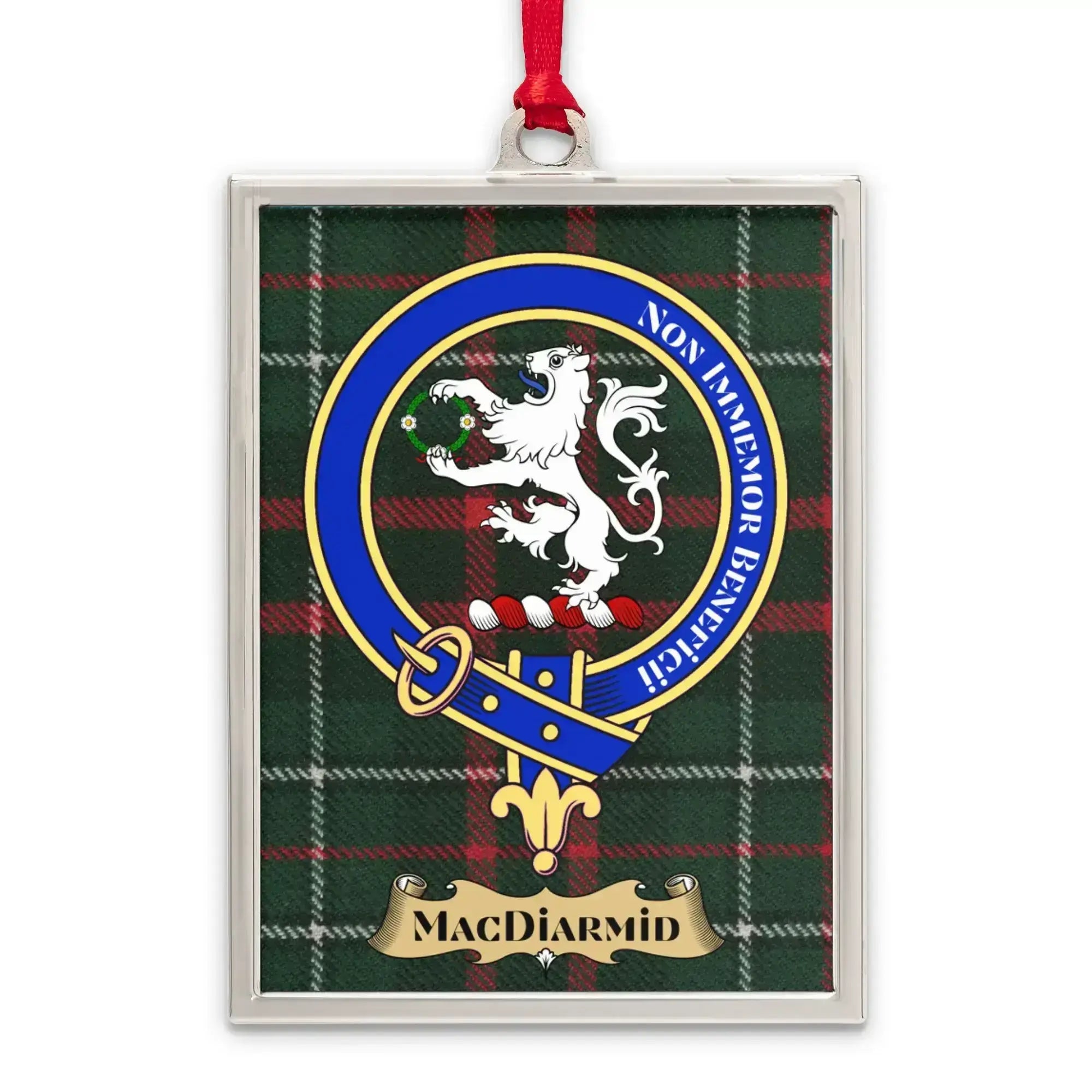 MacDiarmid tartan-background crest ornament shown as a Scottish heritage keepsake gift