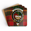 MacDonald clan crest tartan coaster set of 4 — natural cork squares with sealed Per Mare Per Terras design