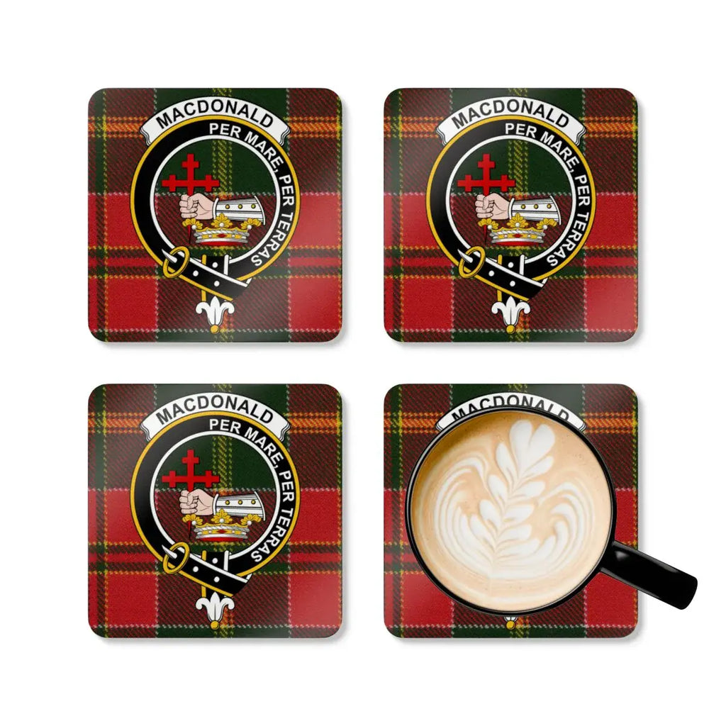 MacDonald clan plaid patterned coasters set — four cork coasters with heraldic design