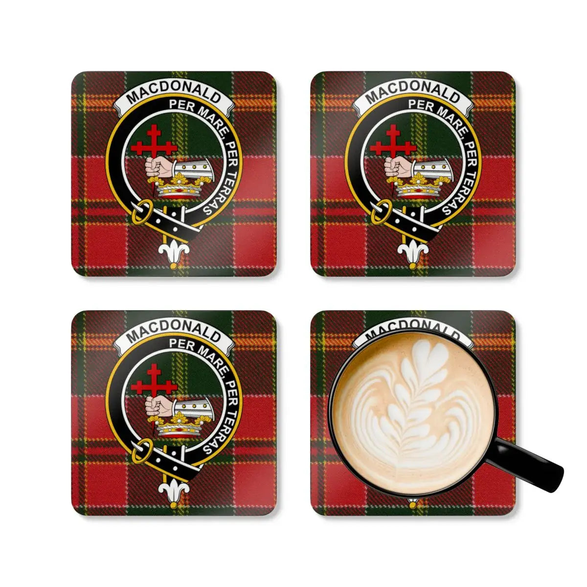 MacDonald clan plaid patterned coasters set — four cork coasters with heraldic design