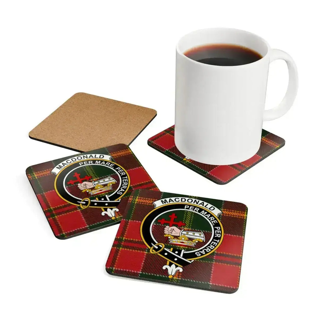MacDonald clan tartan crest square coasters — 3.75-inch corkwood with glossy sealed print
