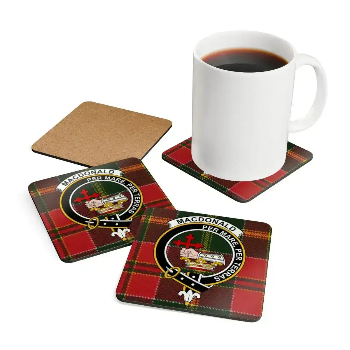 MacDonald clan tartan crest square coasters — 3.75-inch corkwood with glossy sealed print