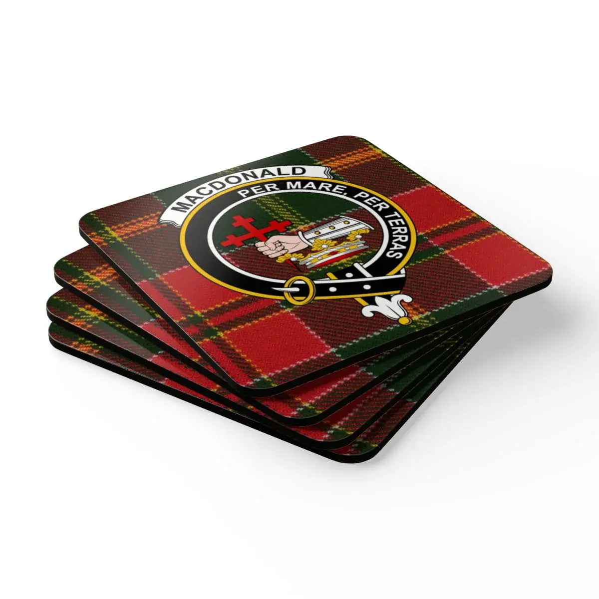 MacDonald Per Mare Per Terras tartan style coaster — natural cork base, glossy sealed print