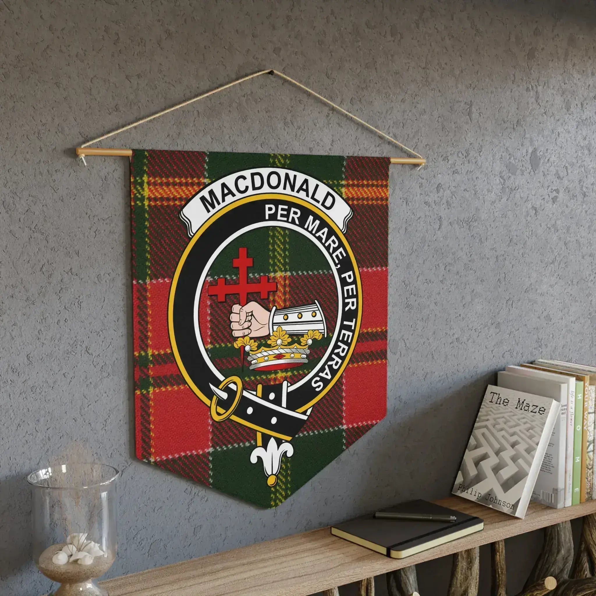 MacDonald Per Mare Per Terras tartan banner — 18x21 clan crest heraldic design