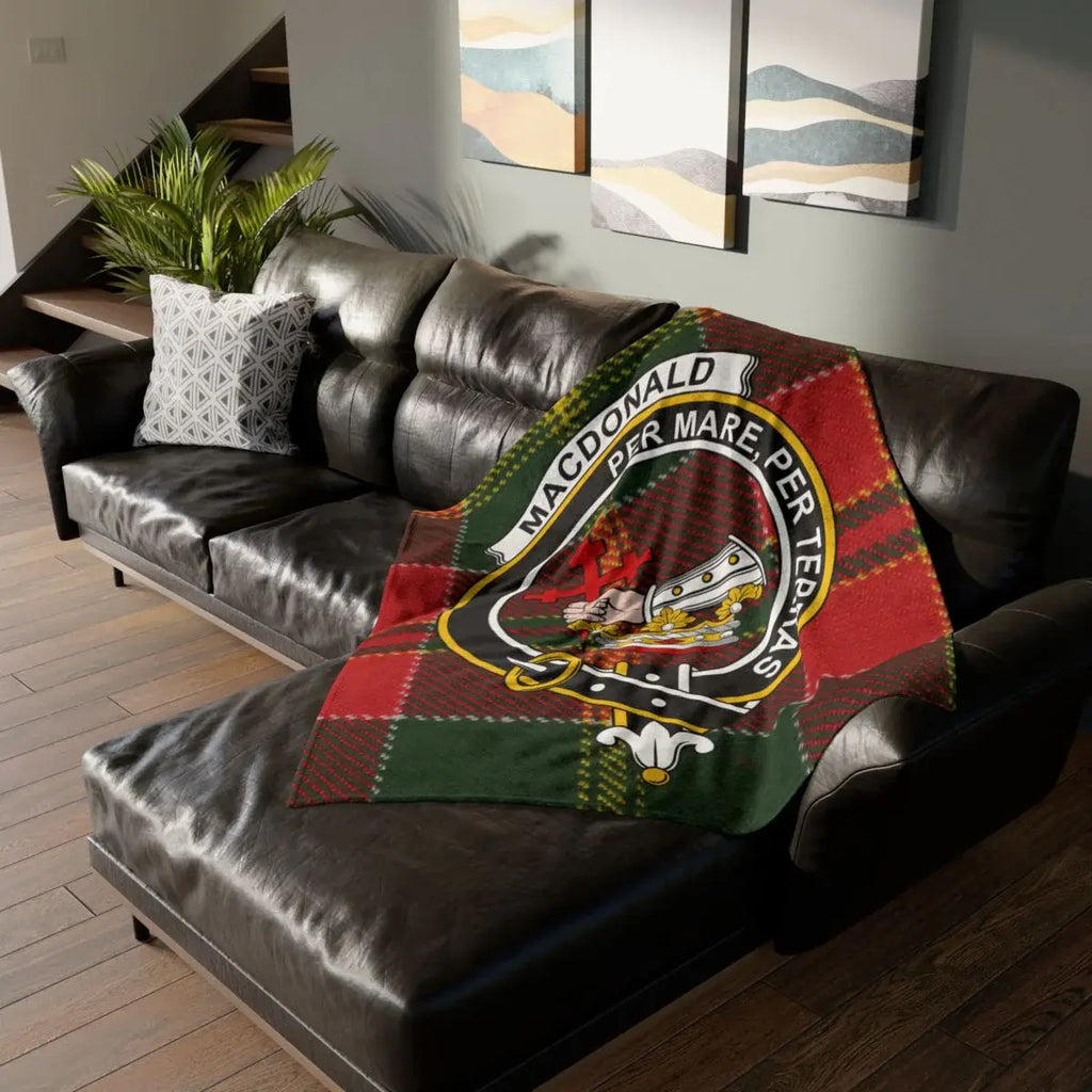 MacDonald clan crest tartan throw blanket — 50x60 polyester, Per Mare Per Terras heraldic design