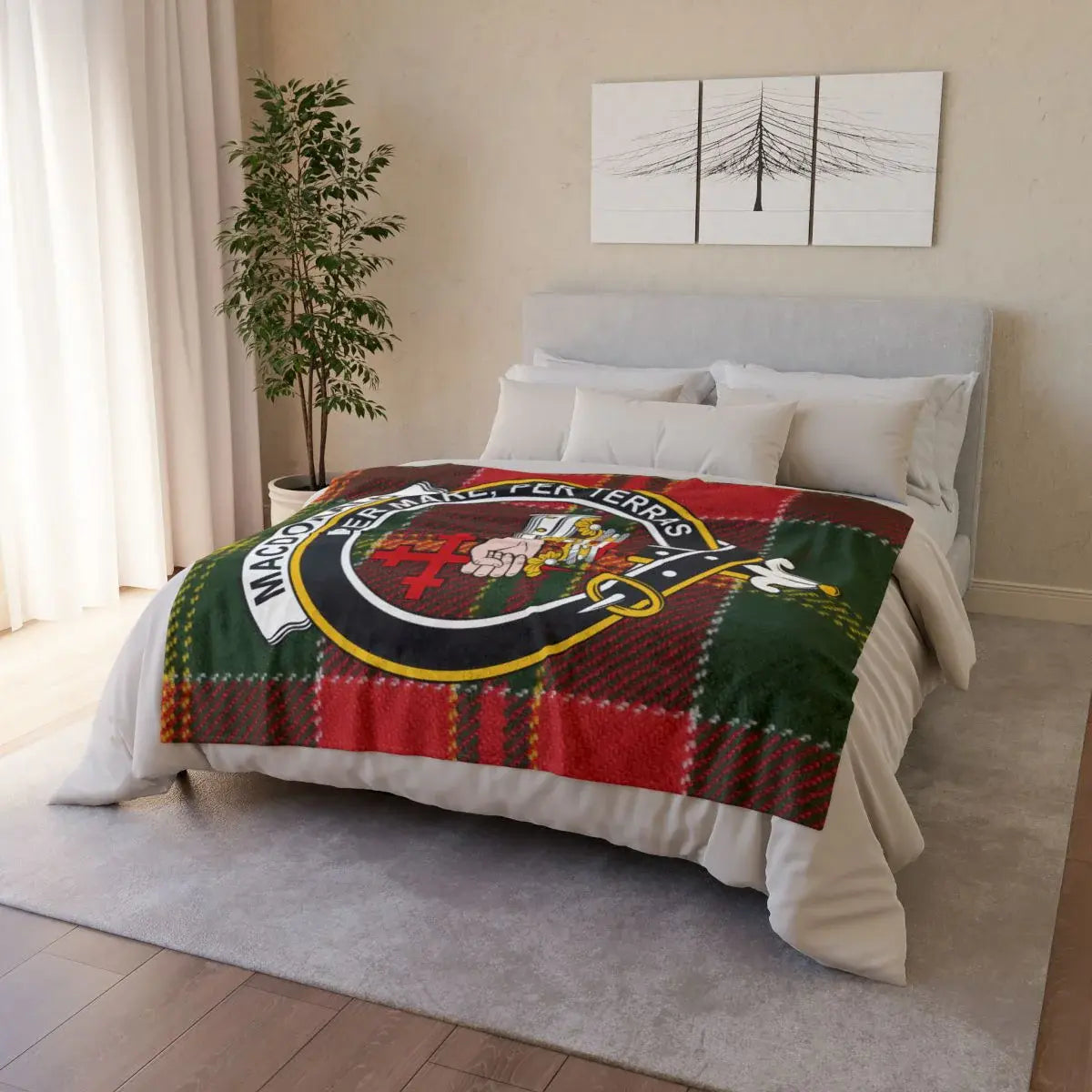 MacDonald clan crest throw blanket on sofa — lightweight 100% polyester with clan design