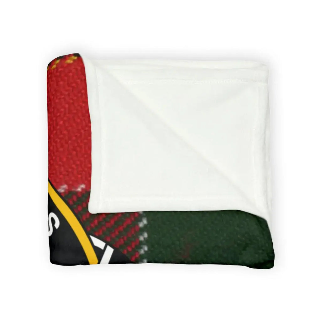 MacDonald clan crest throw blanket laid flat — cosy tartan plaid on 100% polyester