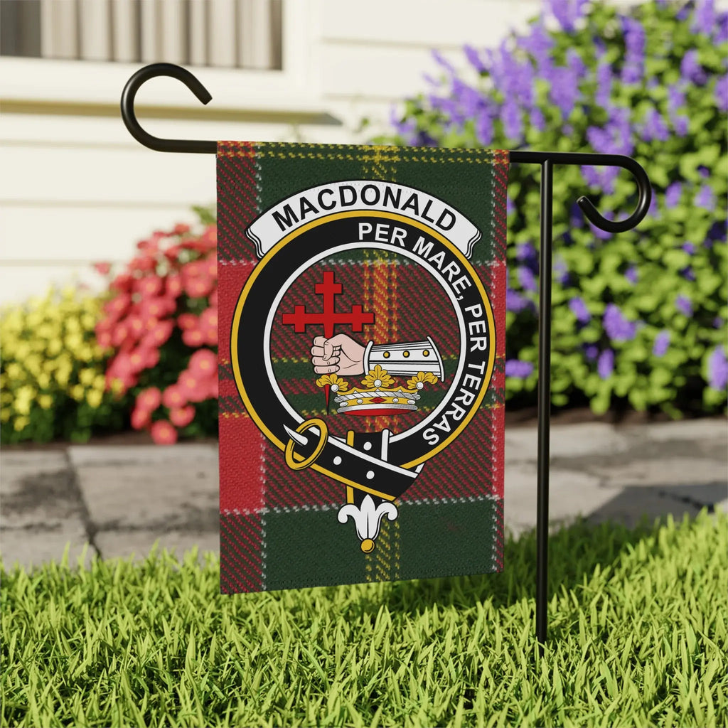MacDonald Per Mare Per Terras garden flag 24x32 inches — clan crest on larger outdoor size