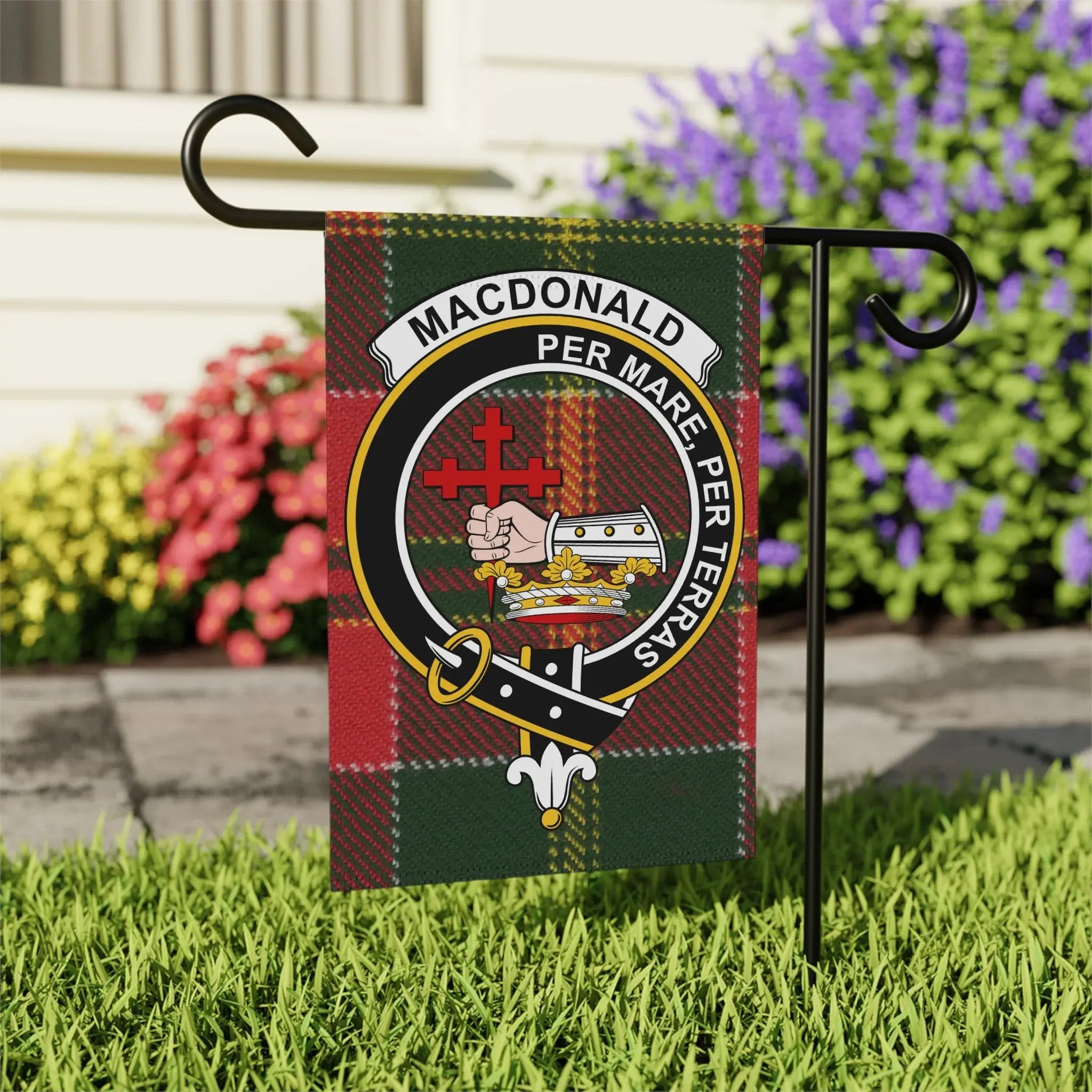 MacDonald Per Mare Per Terras garden flag 24x32 inches — clan crest on larger outdoor size