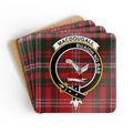 MacDougall clan crest tartan coaster set of 4 — natural cork squares with sealed Buaidh No Bas design