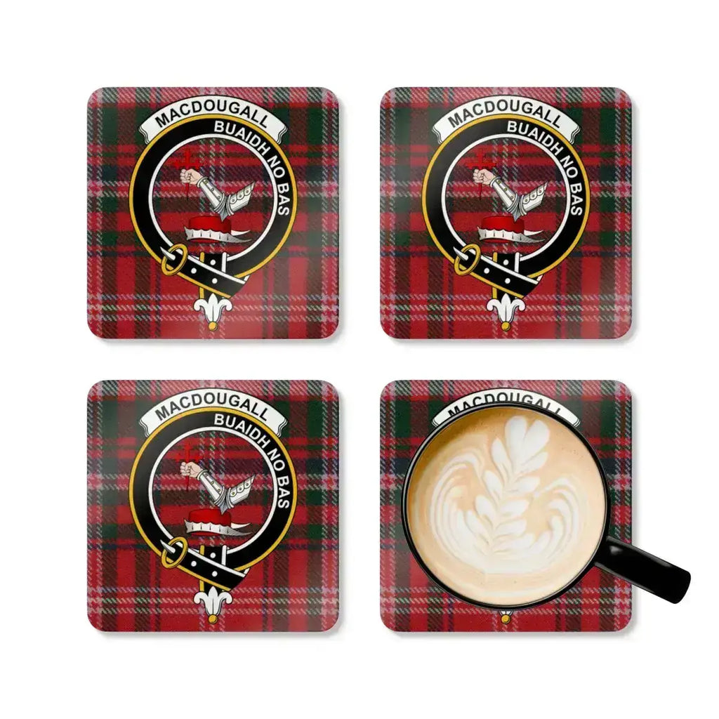 MacDougall clan plaid coasters set of four — four cork coasters with heraldic design