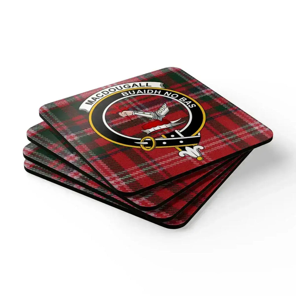 MacDougall Buaidh No Bas red plaid design coaster — natural cork base, glossy sealed print