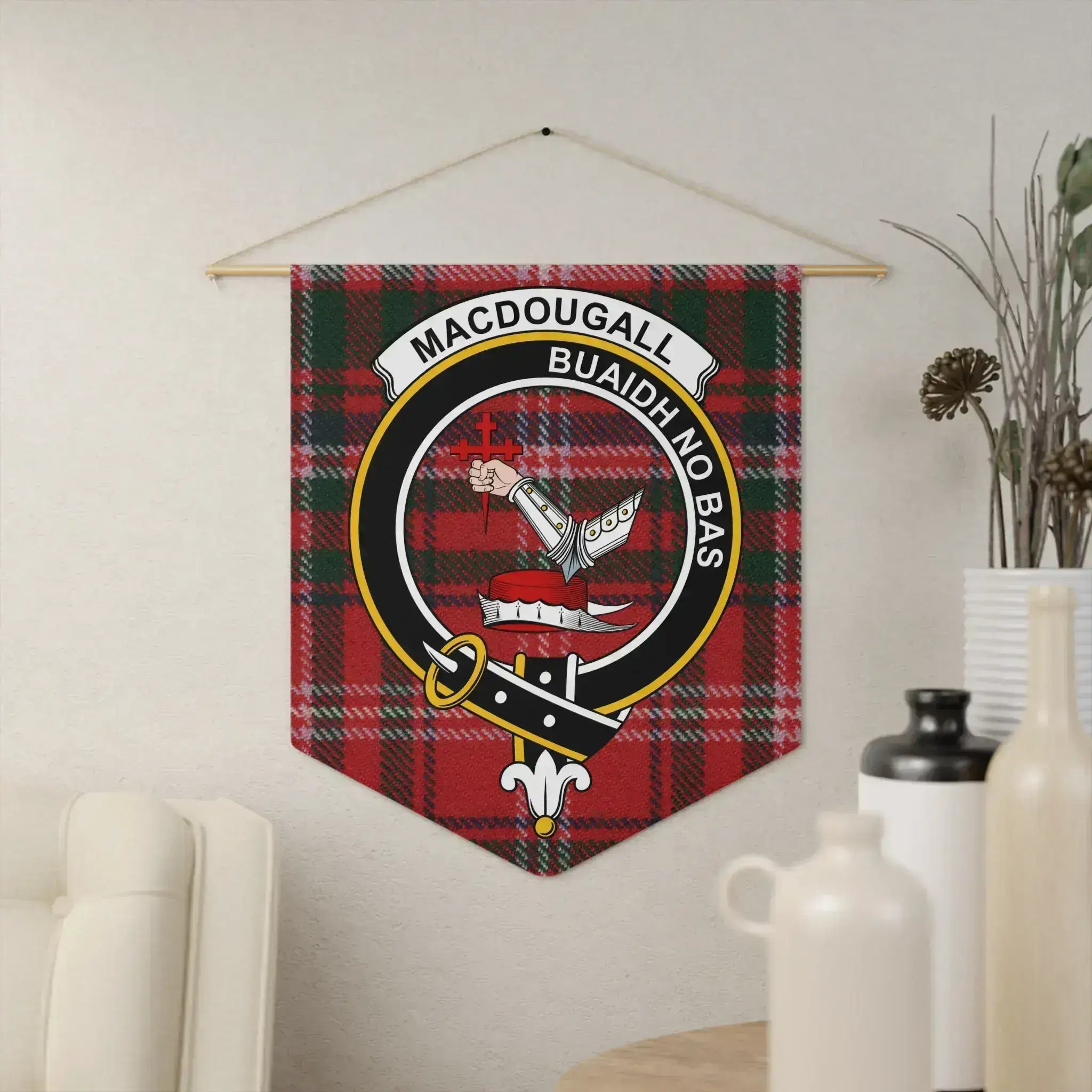 MacDougall clan crest tartan pennant 18x21 inches — polyester twill with Buaidh No Bas motto, wooden dowel
