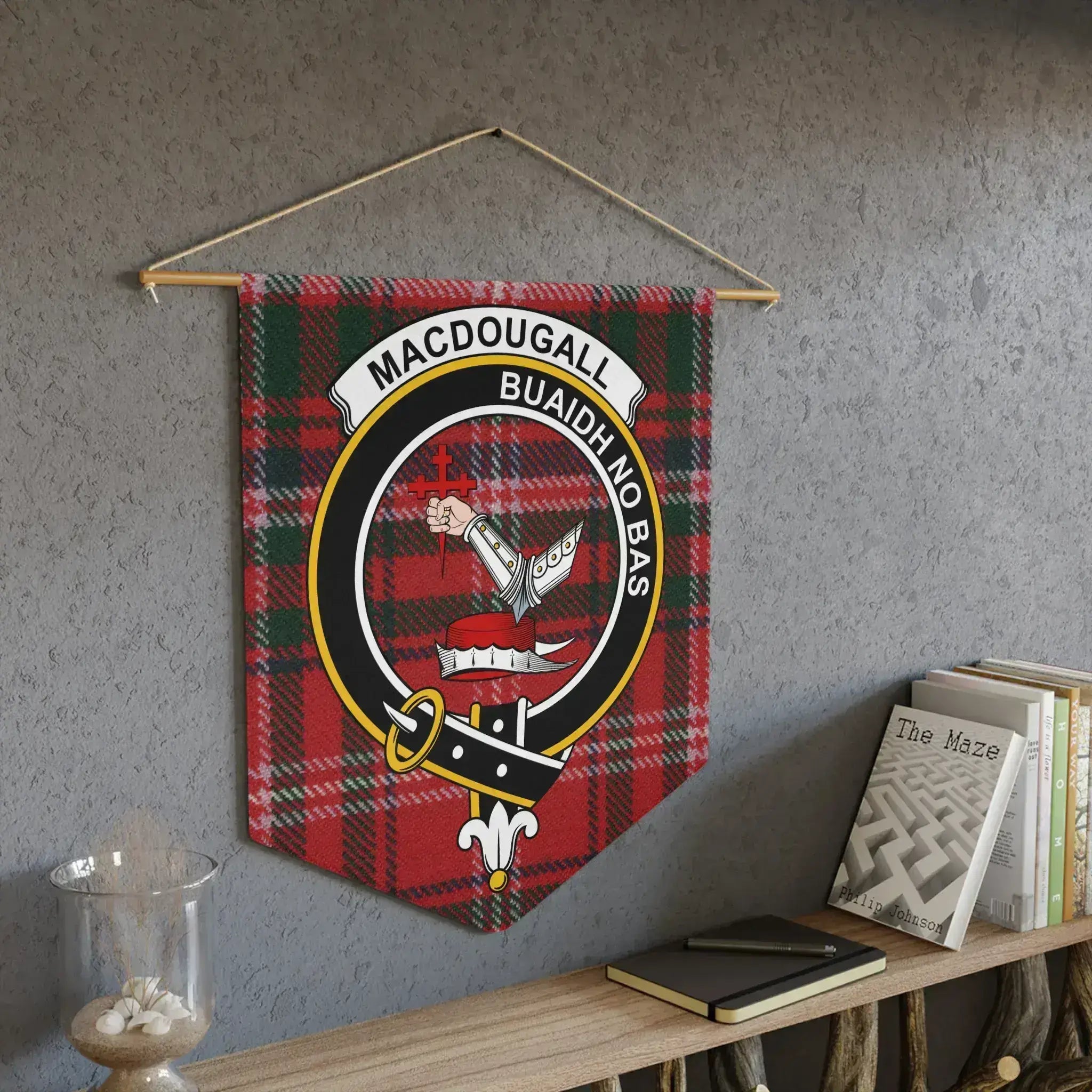 MacDougall clan tartan plaque pennant wall decor — 18x21 Victory or Death heraldic design