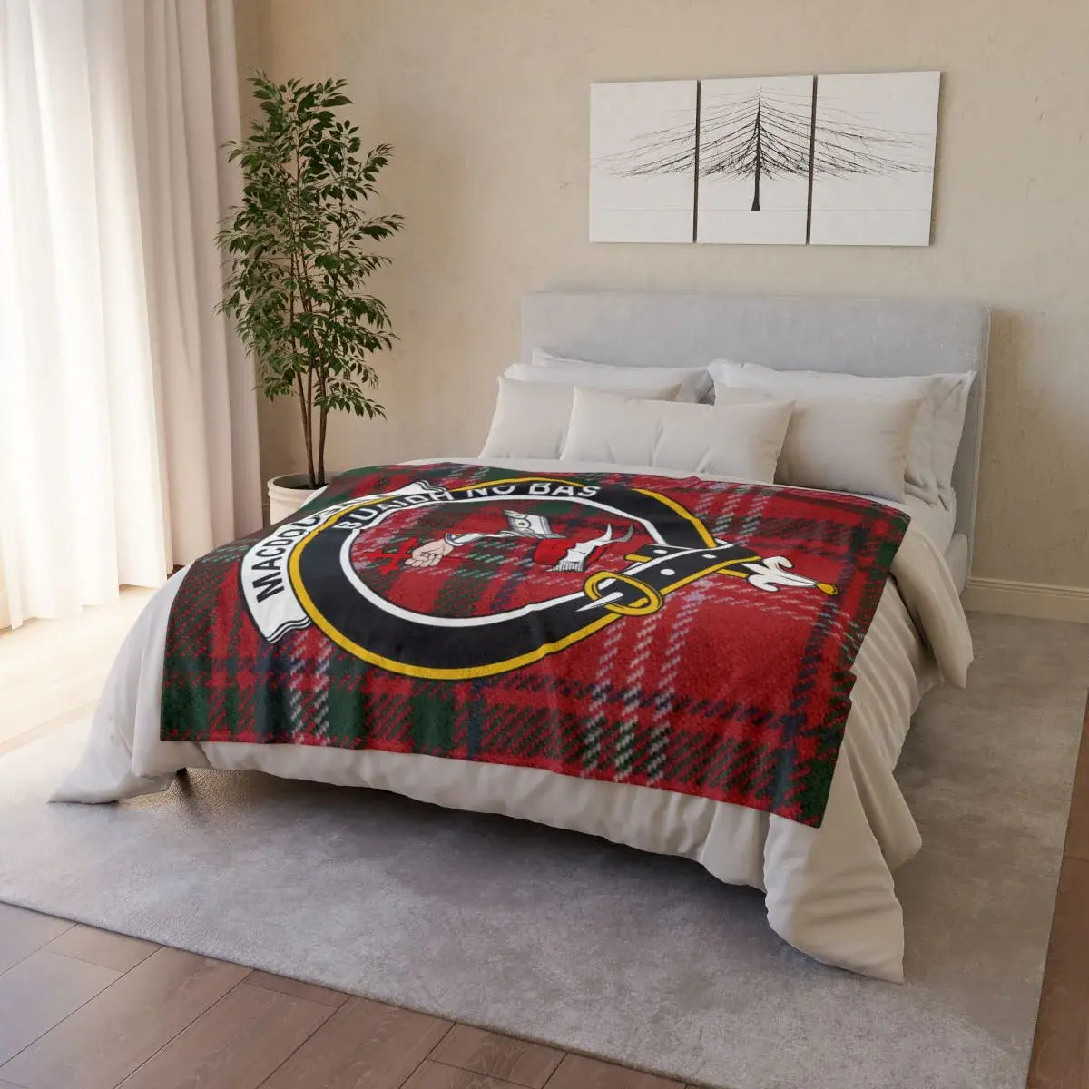 MacDougall clan crest throw blanket on sofa — lightweight 100% polyester with clan design