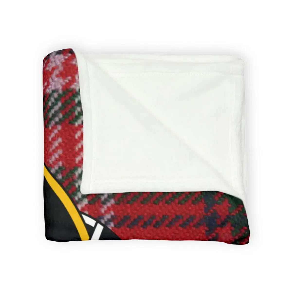 MacDougall clan crest throw blanket laid flat — red and green tartan plaid on 100% polyester
