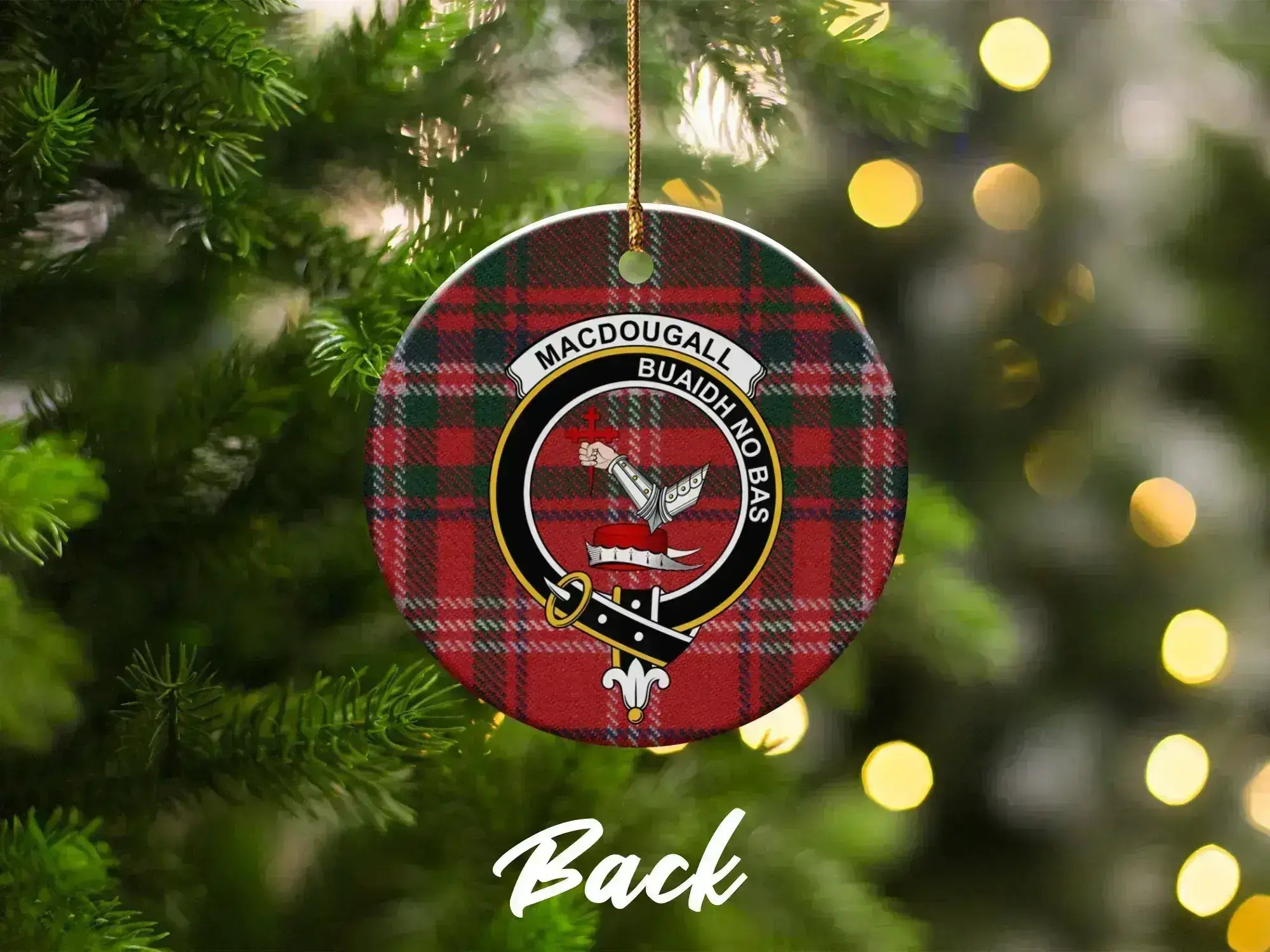MacDougall clan crest tartan ornament back view — double-sided glazed ceramic, 3-inch disc