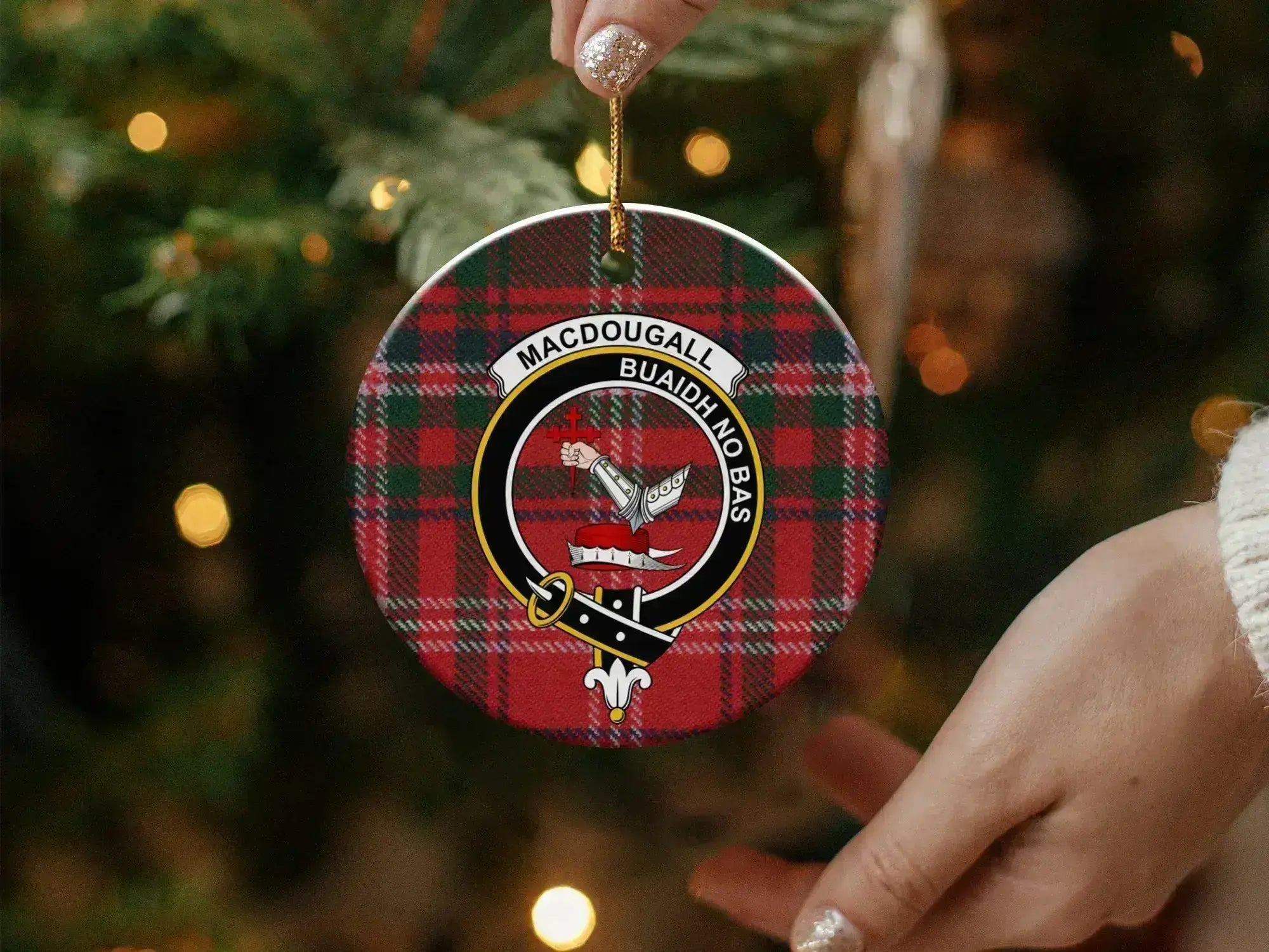 MacDougall clan tartan round Christmas ornament — glossy finish, double-sided 3-inch ceramic disc