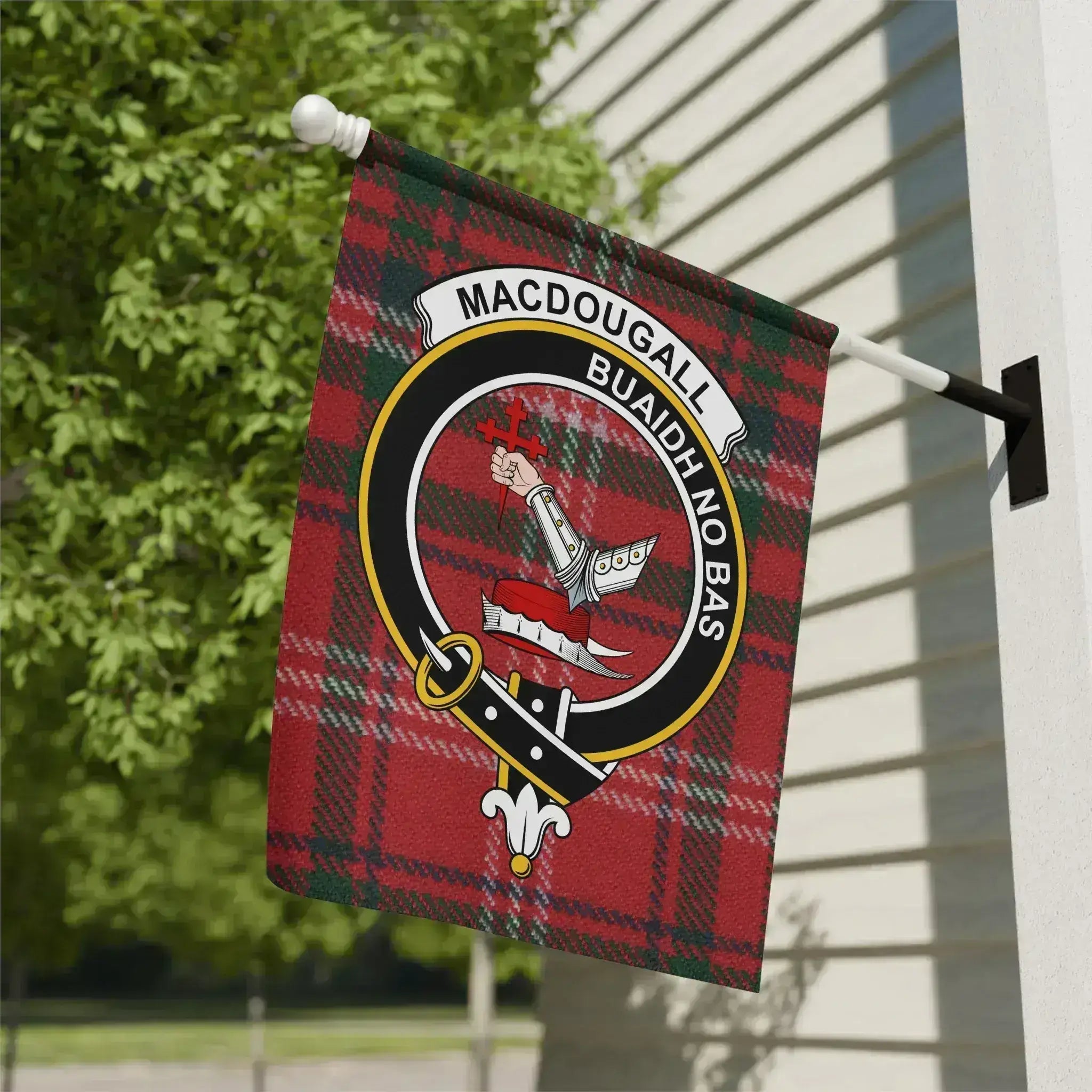 MacDougall Buaidh No Bas clan crest tartan garden flag 12x18 inches — poly poplin-canvas outdoor display