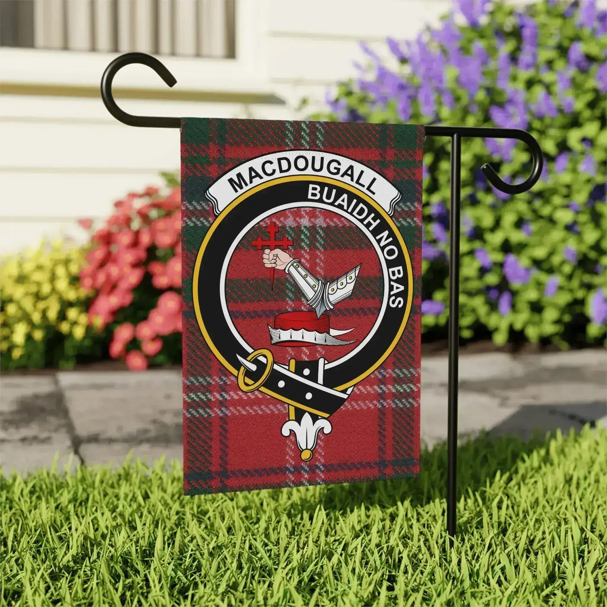 MacDougall Buaidh No Bas clan crest tartan garden flag 24x32 inches — clan crest on larger outdoor size