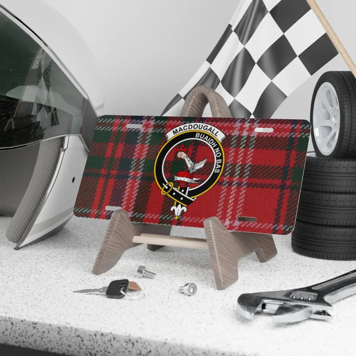 MacDougall clan crest tartan novelty license plate — 12x6 aluminium with Buaidh No Bas heraldic design