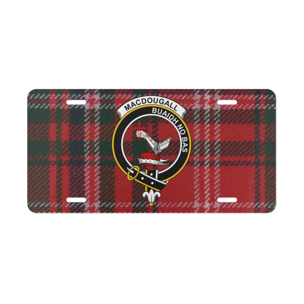 MacDougall clan tartan Scottish crest design license plate — Victory or Death design on aluminium