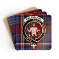 MacFarlane This I'll Defend plaid coaster set of 4 — natural cork squares with sealed clan crest design