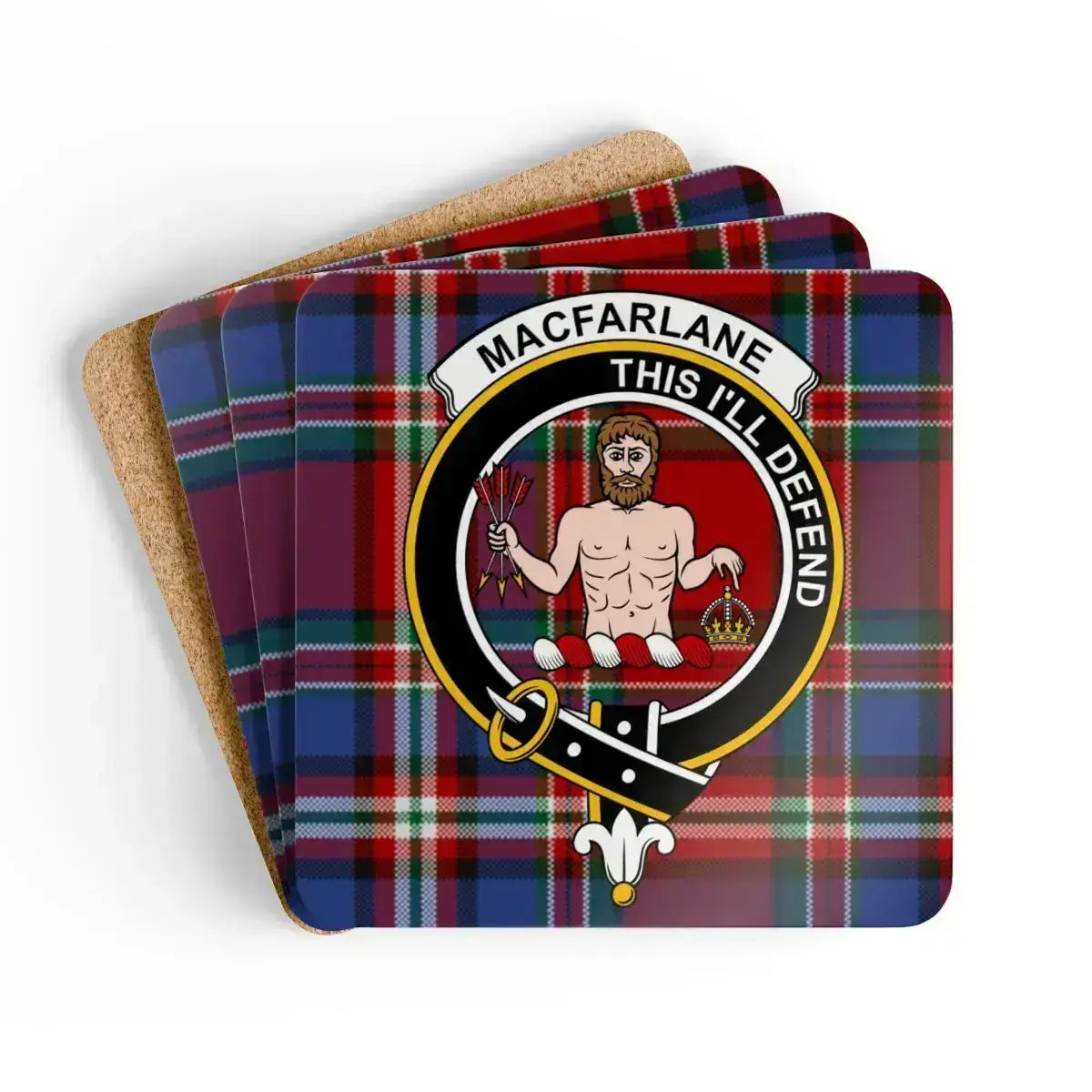 MacFarlane This I'll Defend plaid coaster set of 4 — natural cork squares with sealed clan crest design