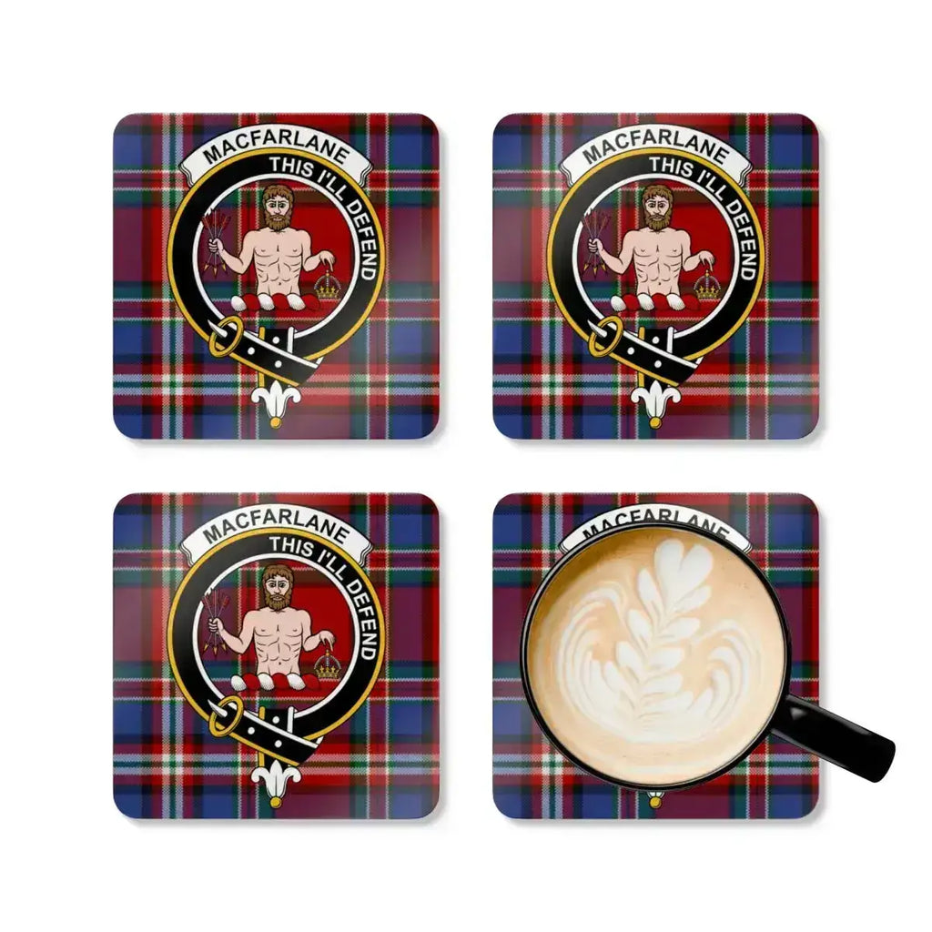 MacFarlane This I'll Defend tartan coaster set — four cork coasters with heraldic design