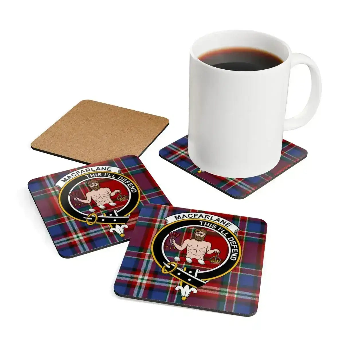 MacFarlane This I'll Defend plaid coaster set — 3.75-inch corkwood with glossy sealed print