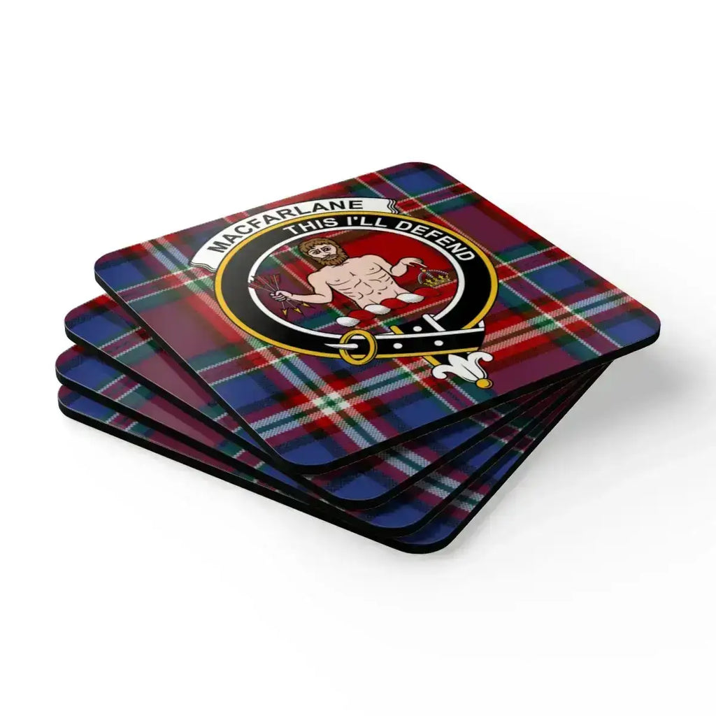 MacFarlane This I'll Defend clan crest coasters — natural cork base, glossy sealed tartan print