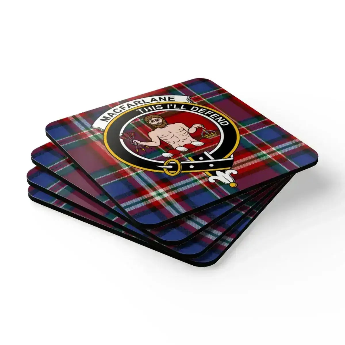 MacFarlane This I'll Defend clan crest coasters — natural cork base, glossy sealed tartan print