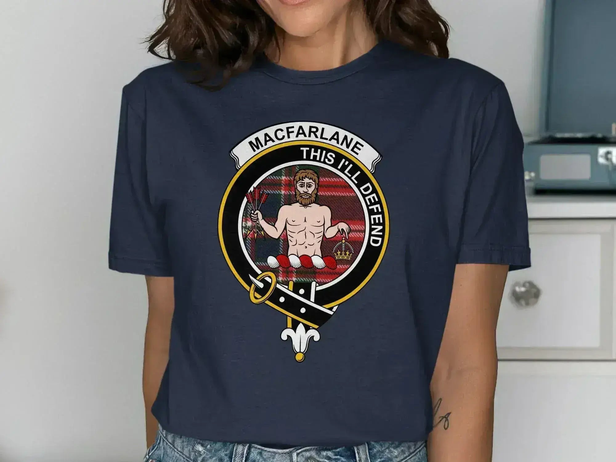 MacFarlane This I'll Defend badge graphic shirt — clan crest design on cotton, unisex fit