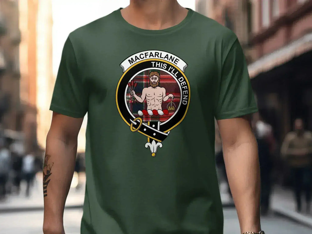 MacFarlane This I'll Defend graphic tee — clan heraldic design on softstyle cotton