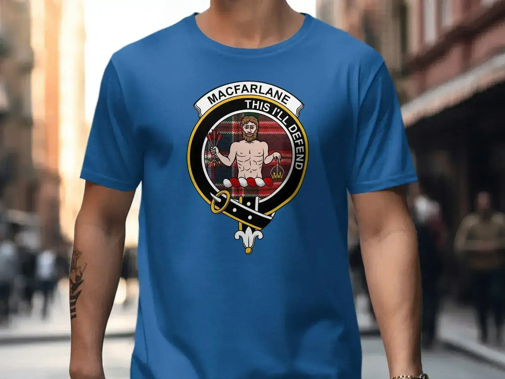 MacFarlane This I'll Defend graphic tee shirt — clan crest heraldic design on cotton