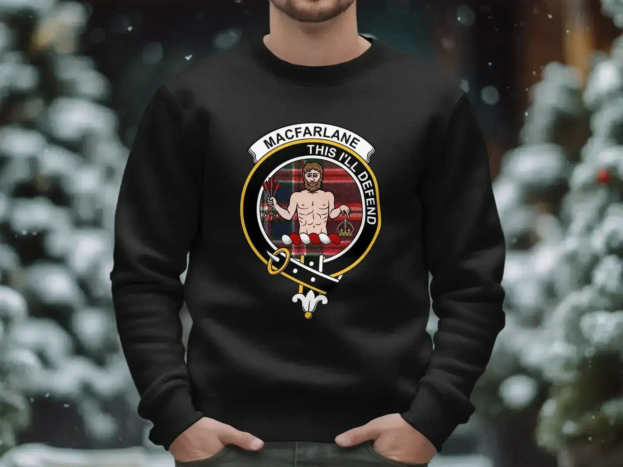 MacFarlane This I'll Defend graphic sweatshirt — clan crest heraldic design on fleece