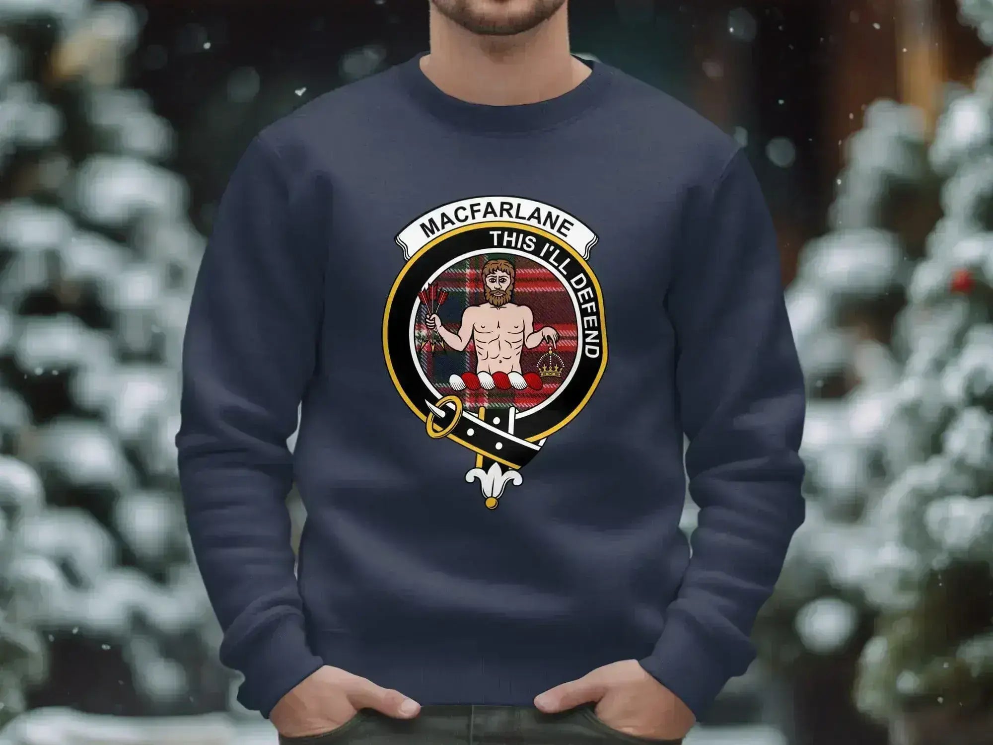 MacFarlane This I'll Defend graphic sweatshirt — full clan heraldic on fleece, laid flat