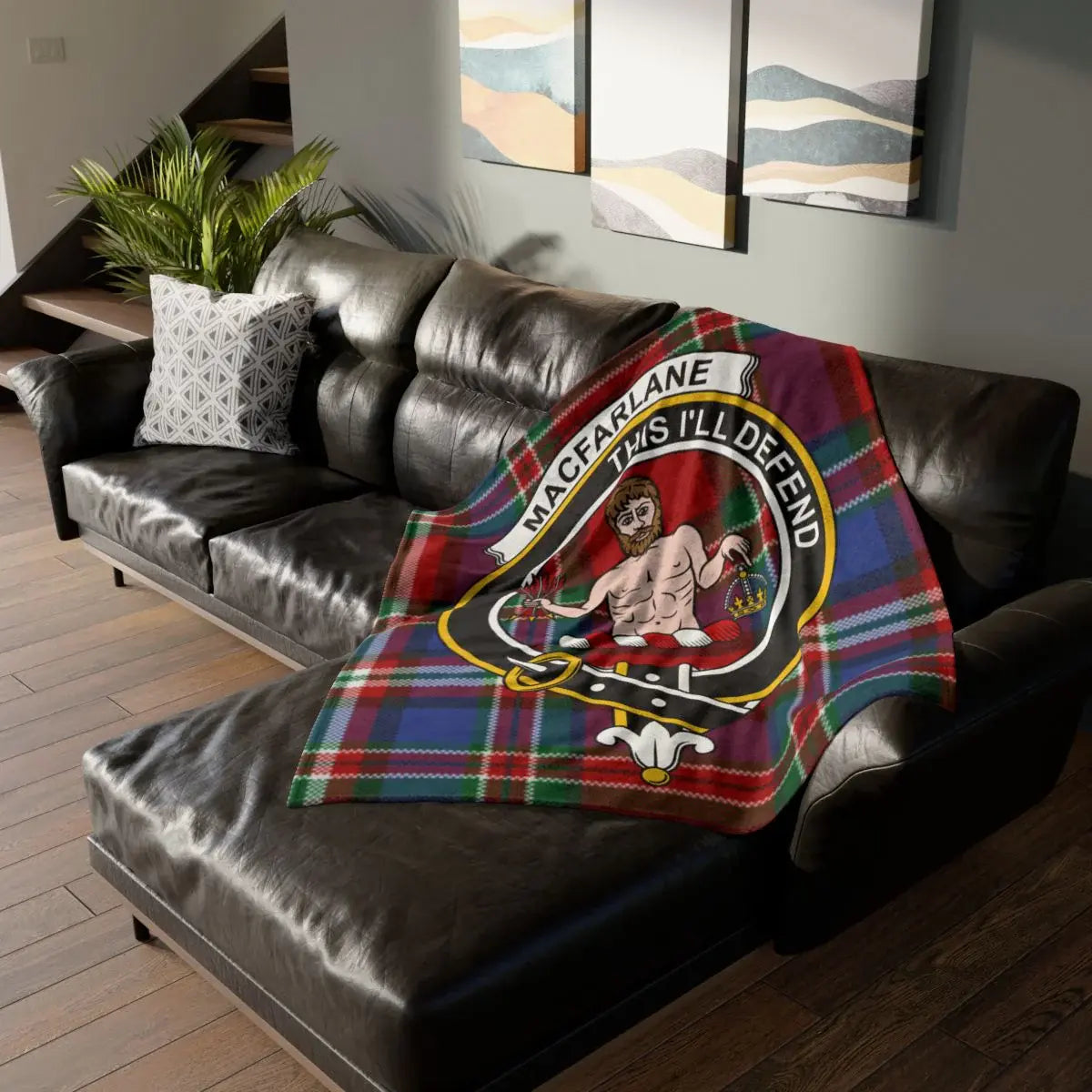 MacFarlane This I'll Defend clan crest throw blanket — 50x60 polyester with heraldic design