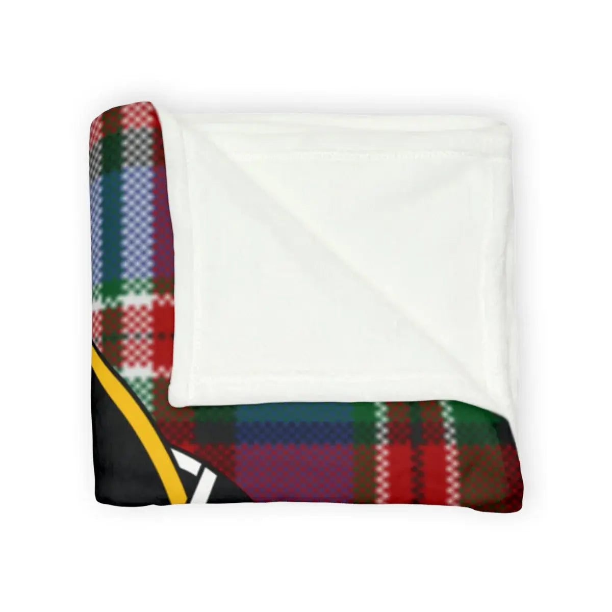 MacFarlane clan crest throw blanket laid flat — cosy plaid on 100% polyester