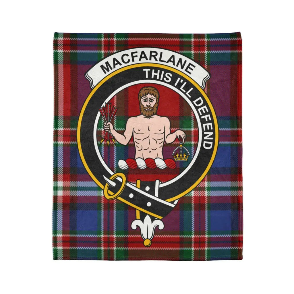MacFarlane This I'll Defend tartan plaid pattern blanket — clan crest on 50x60 polyester