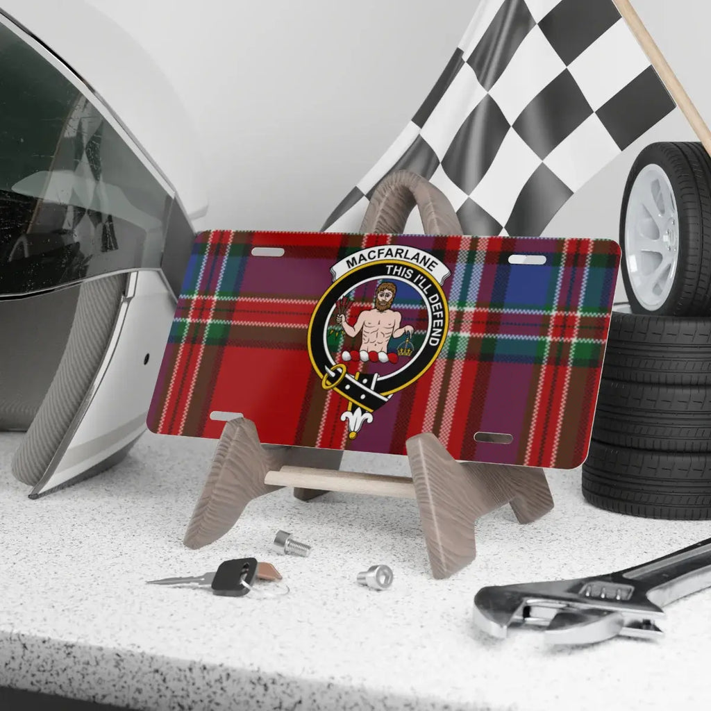 MacFarlane This I'll Defend clan crest tartan novelty license plate — 12x6 aluminium with heraldic design