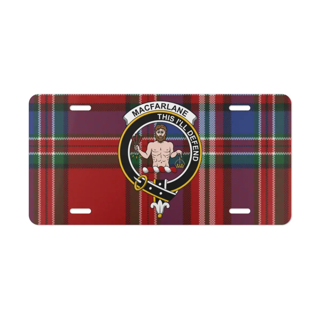 MacFarlane This I'll Defend clan tartan design license plate — heraldic design on aluminium